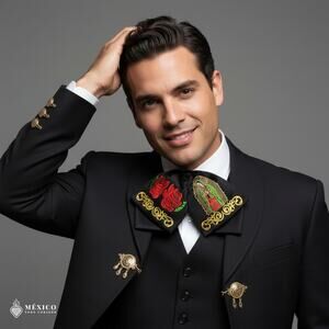 Black Mexican Embroidered Charro Moño – Traditional Satin Mariachi Bow Tie